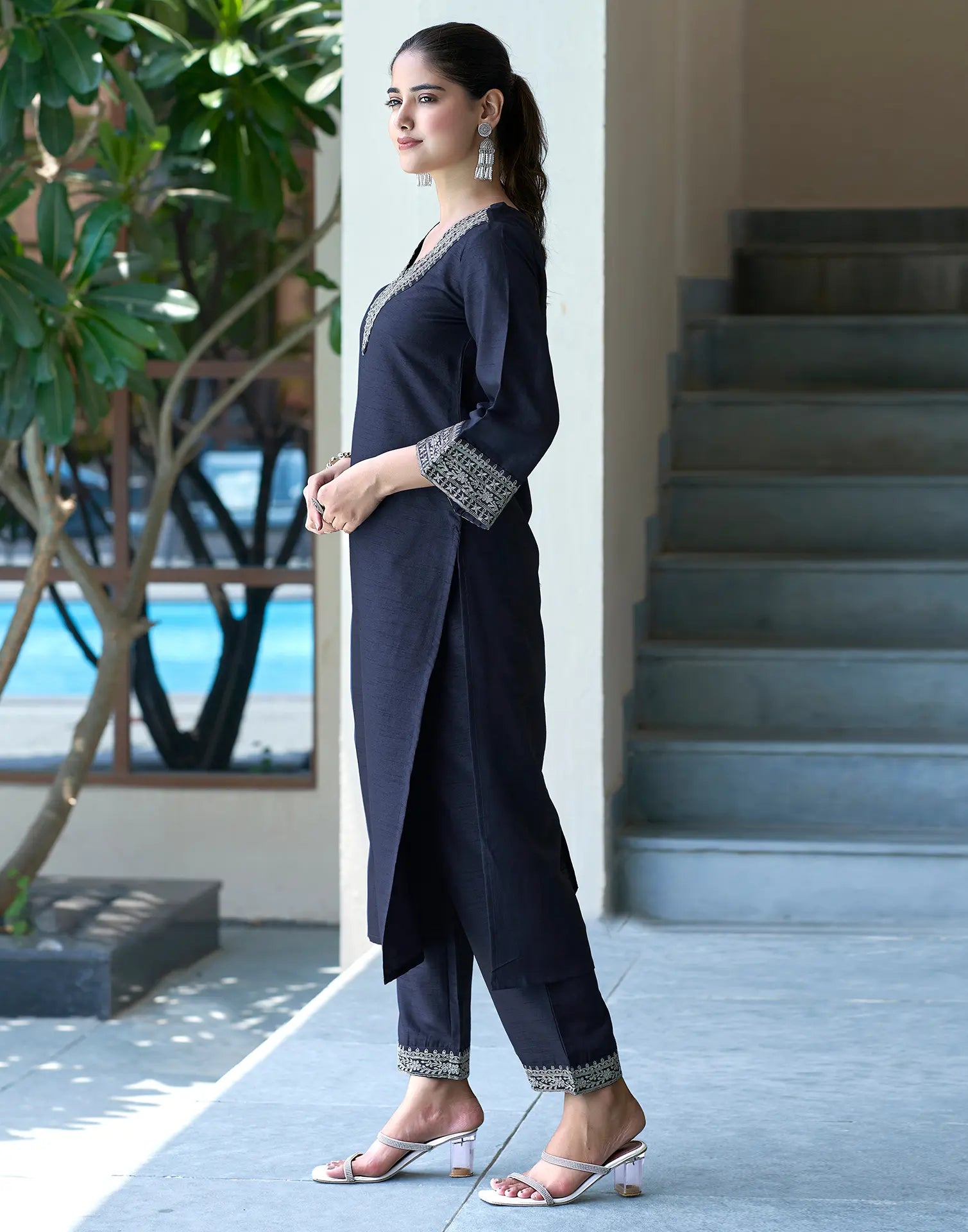 Silk Blend Embroidered Straight 3 Piece Kurta Set