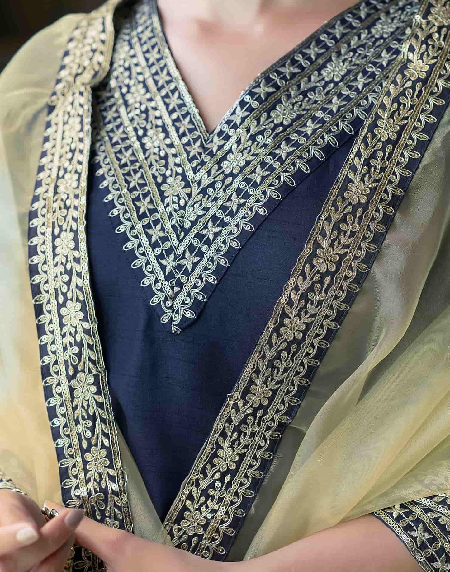 Silk Blend Sequins Embroidery Lace Straight Kurta with Pant & Dupatta