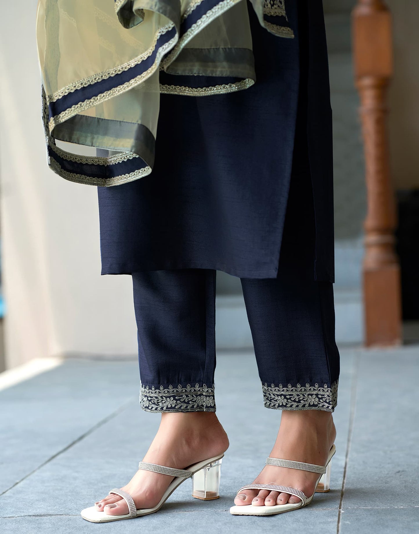 Silk Blend Sequins Embroidery Lace Straight Kurta with Pant & Dupatta