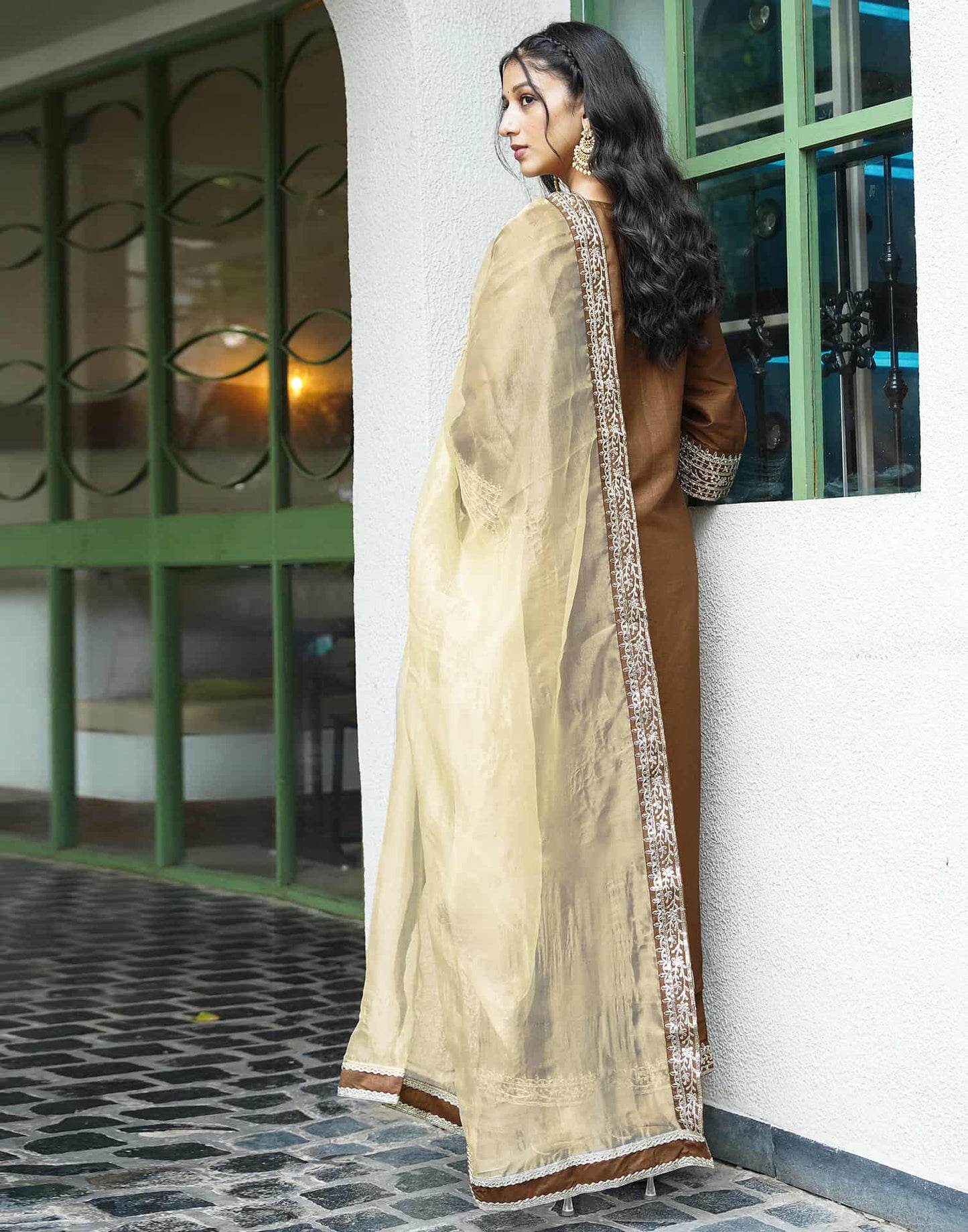 Silk Blend Sequins Embroidery Lace Straight Kurta with Pant & Dupatta