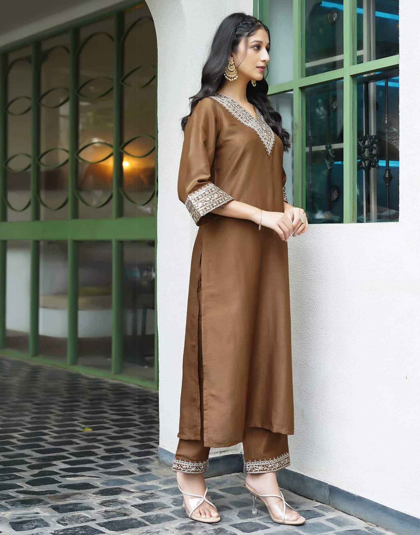 Silk Blend Sequins Embroidery Lace Straight Kurta with Pant & Dupatta
