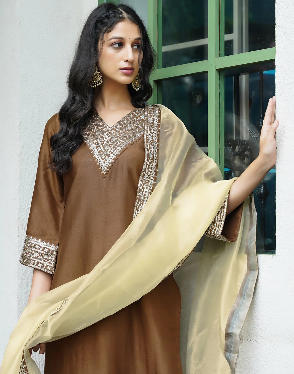 Silk Blend Embroidered Straight 3 Piece Kurta Set