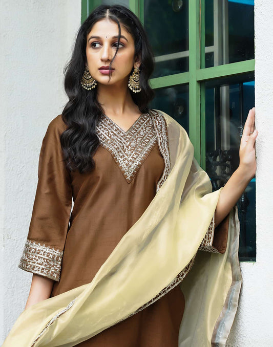 Silk Blend Sequins Embroidery Lace Straight Kurta with Pant & Dupatta