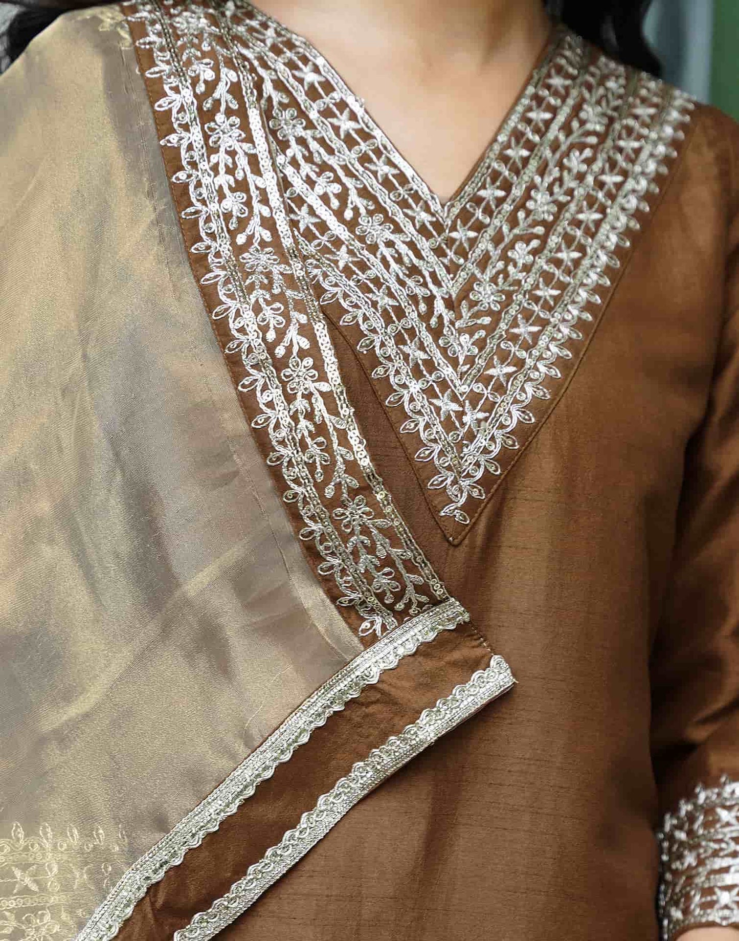 Silk Blend Sequins Embroidery Lace Straight Kurta with Pant & Dupatta