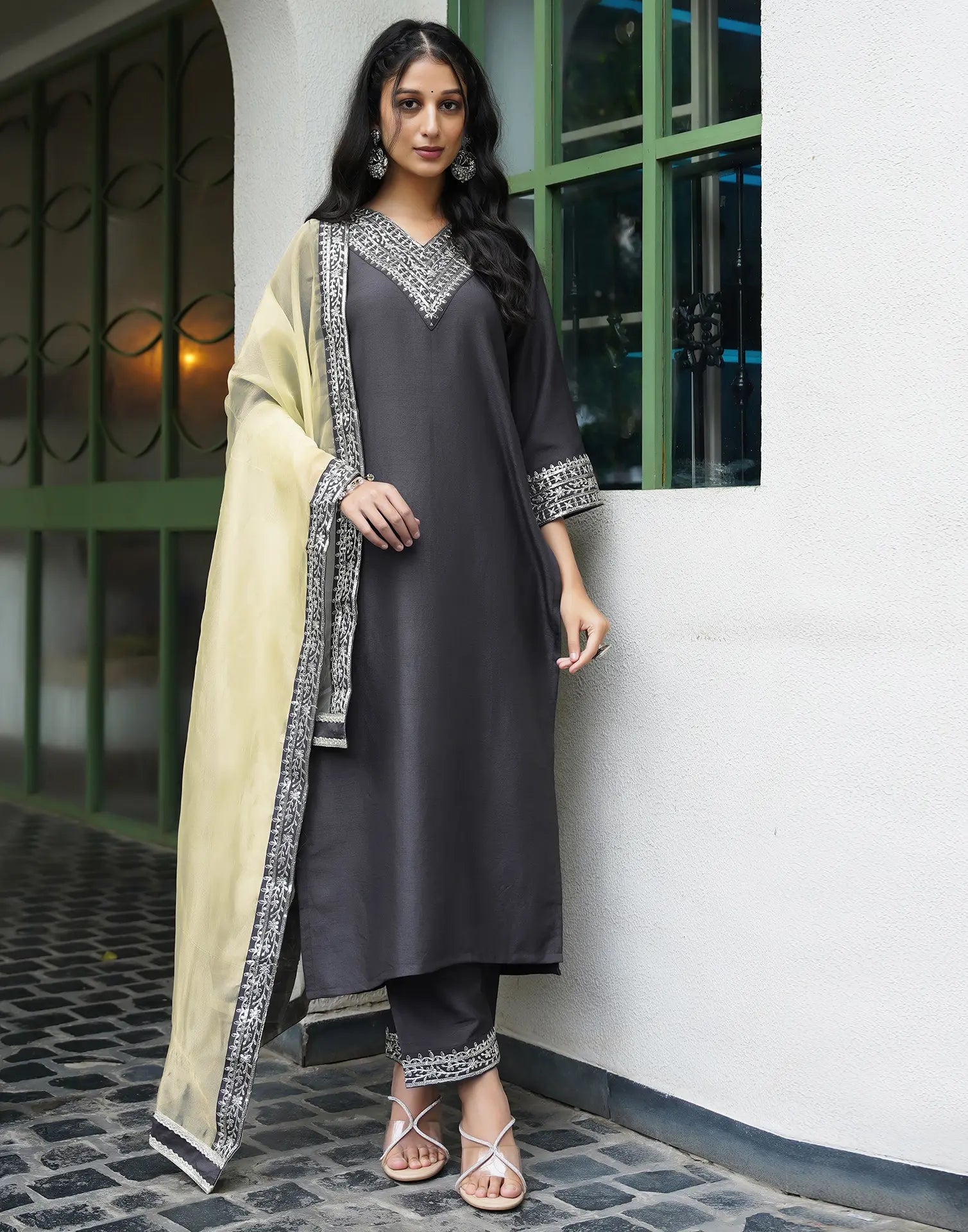 Silk Blend Embroidered Straight 3 Piece Kurta Set