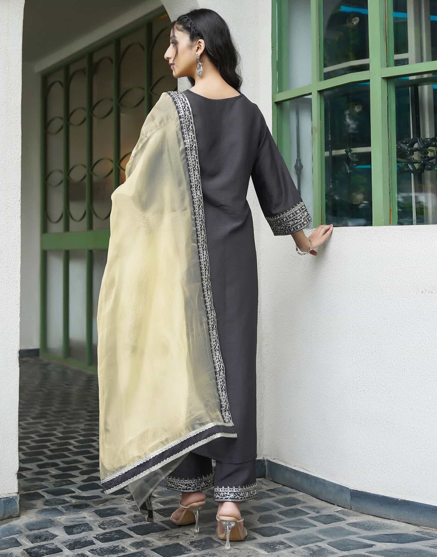 Silk Blend Sequins Embroidery Lace Straight Kurta with Pant & Dupatta