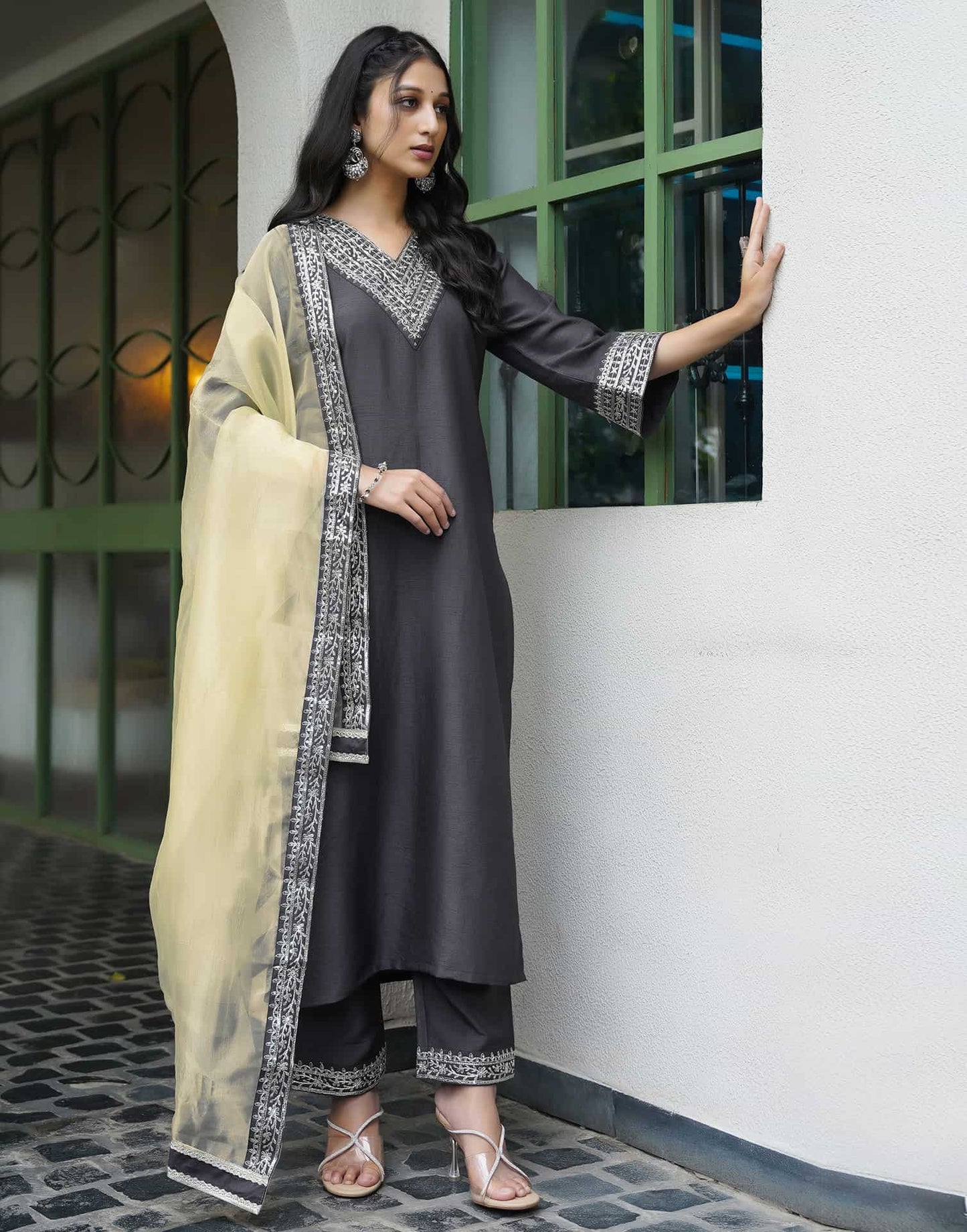 Silk Blend Sequins Embroidery Lace Straight Kurta with Pant & Dupatta