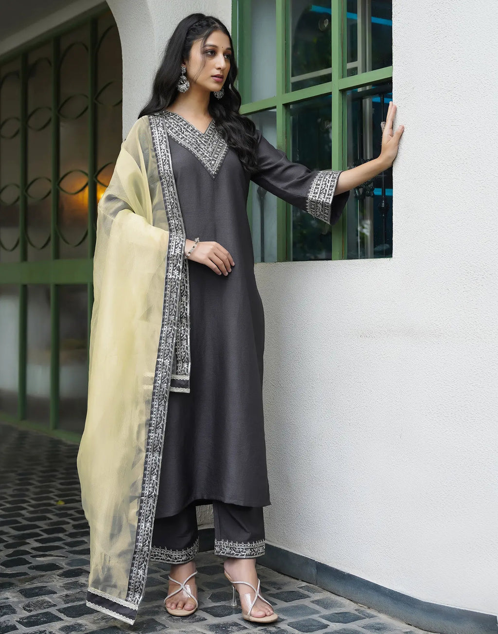 Silk Blend Embroidered Straight 3 Piece Kurta Set