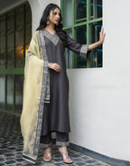 Silk Blend Embroidered Straight 3 Piece Kurta Set