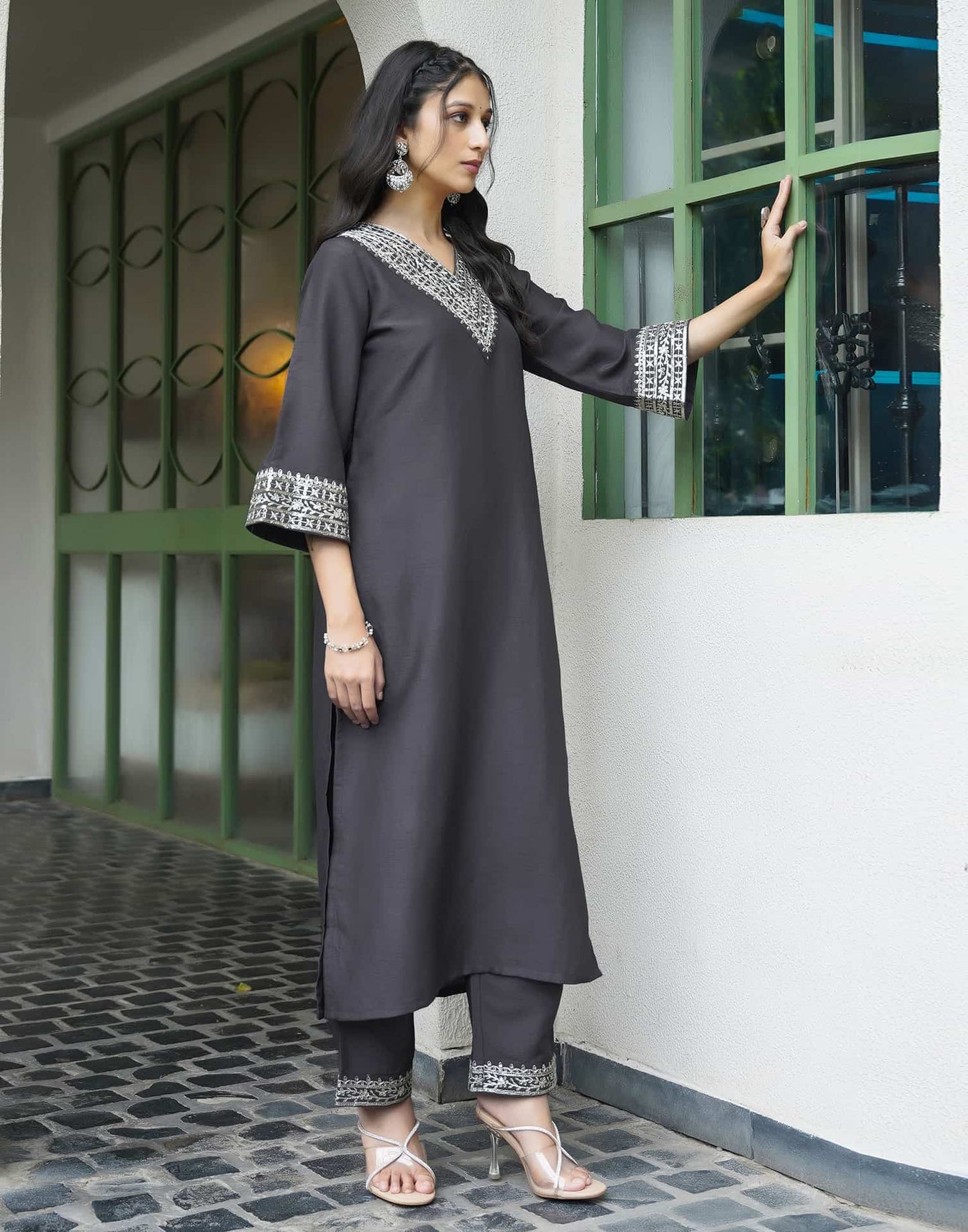 Silk Blend Sequins Embroidery Lace Straight Kurta with Pant & Dupatta