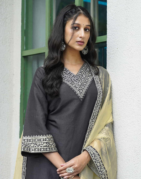 Silk Blend Sequins Embroidery Lace Straight Kurta with Pant & Dupatta