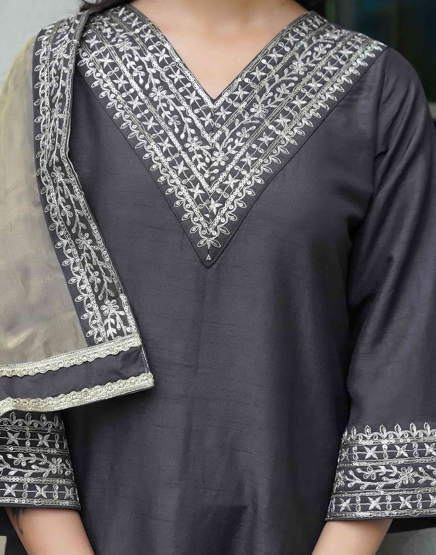 Silk Blend Sequins Embroidery Lace Straight Kurta with Pant & Dupatta