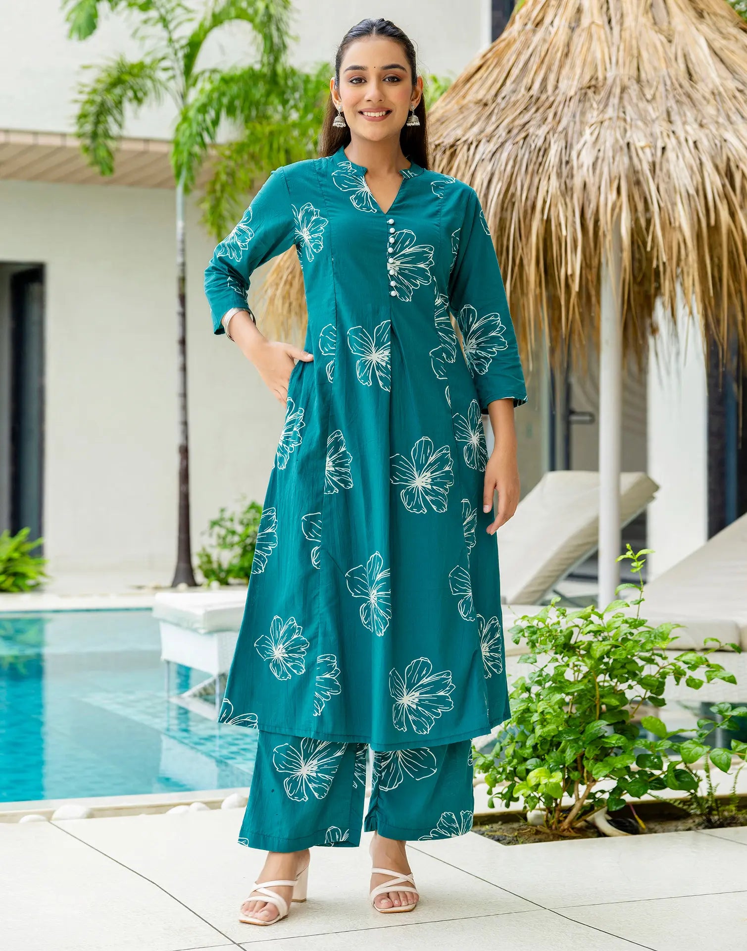 Skylee Cotton Printed Mandarin Collar Co-ord Set For Woman