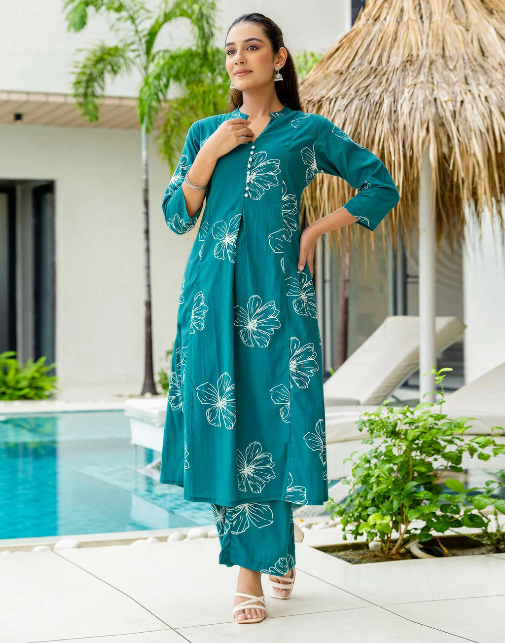 Skylee Cotton Printed Mandarin Collar Co-ord Set For Woman