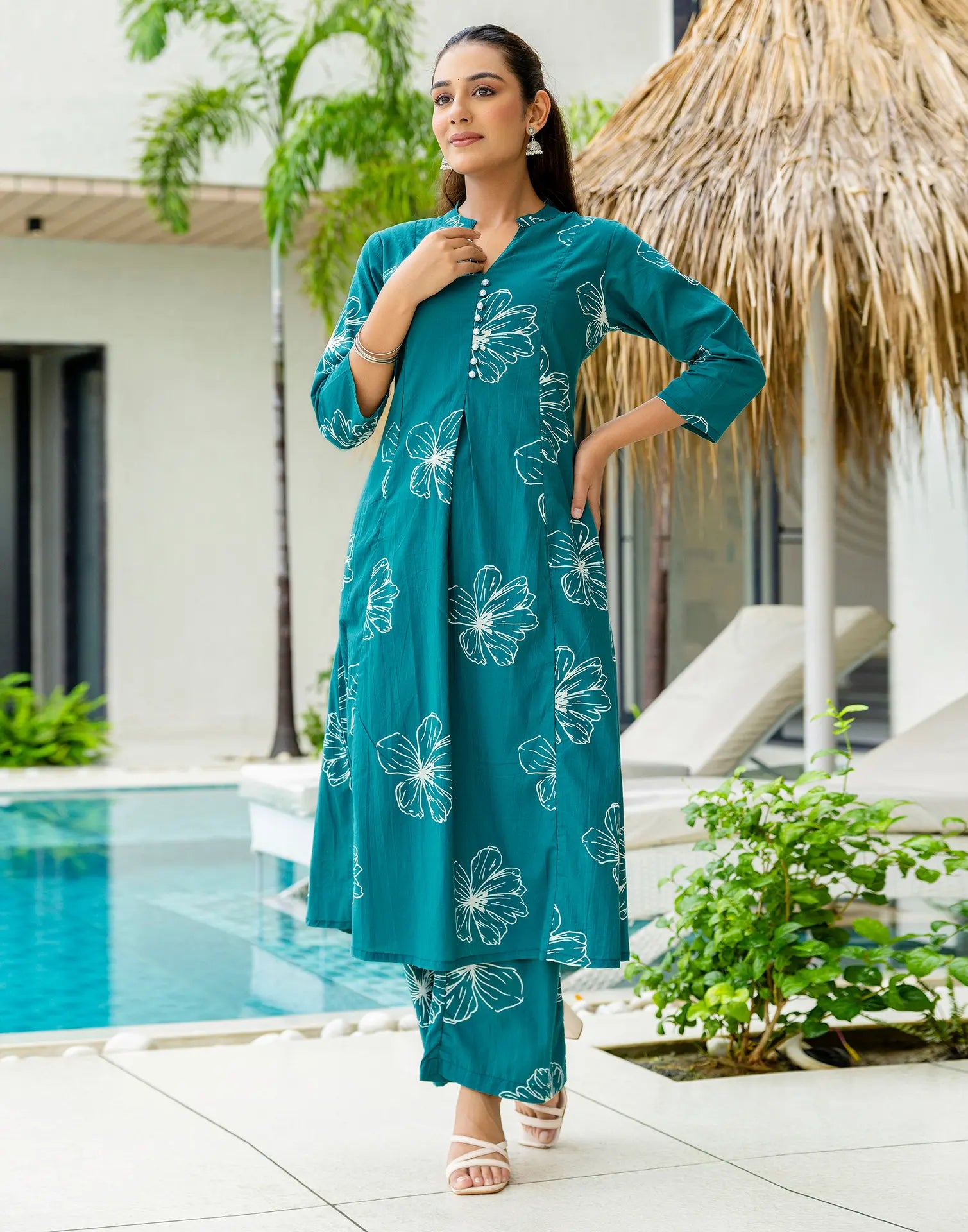 Skylee Cotton Printed Mandarin Collar Co-ord Set For Woman