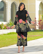 Skylee Silk Printed Mandarin Collar Co-ord Set For Woman