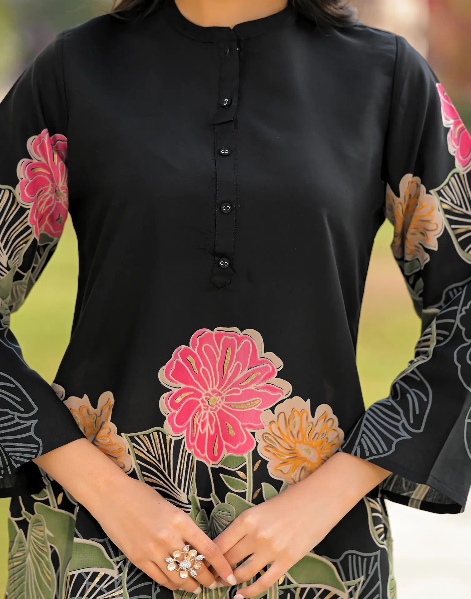 Skylee Silk Printed Mandarin Collar Co-ord Set For Woman