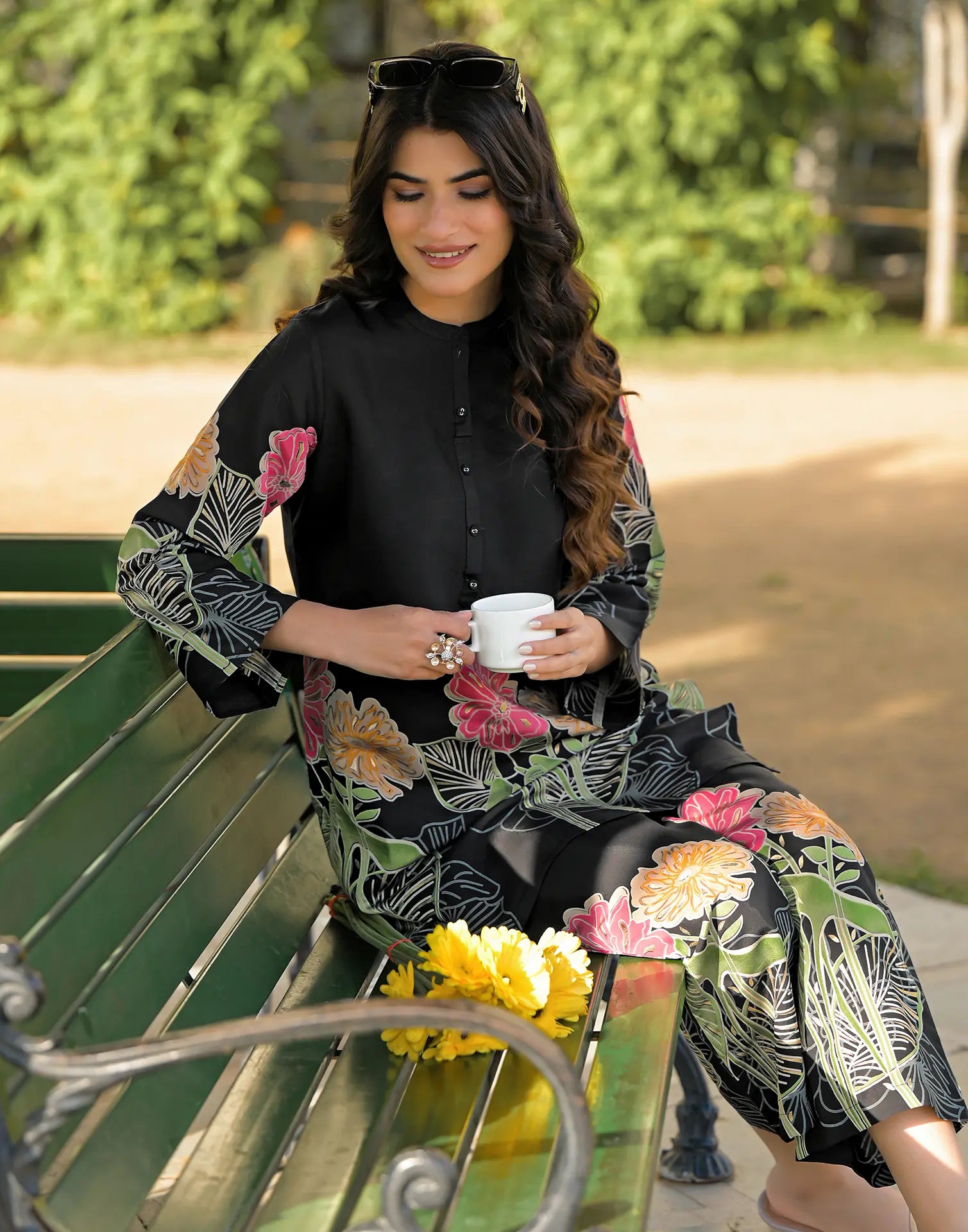 Skylee Silk Printed Mandarin Collar Co-ord Set For Woman