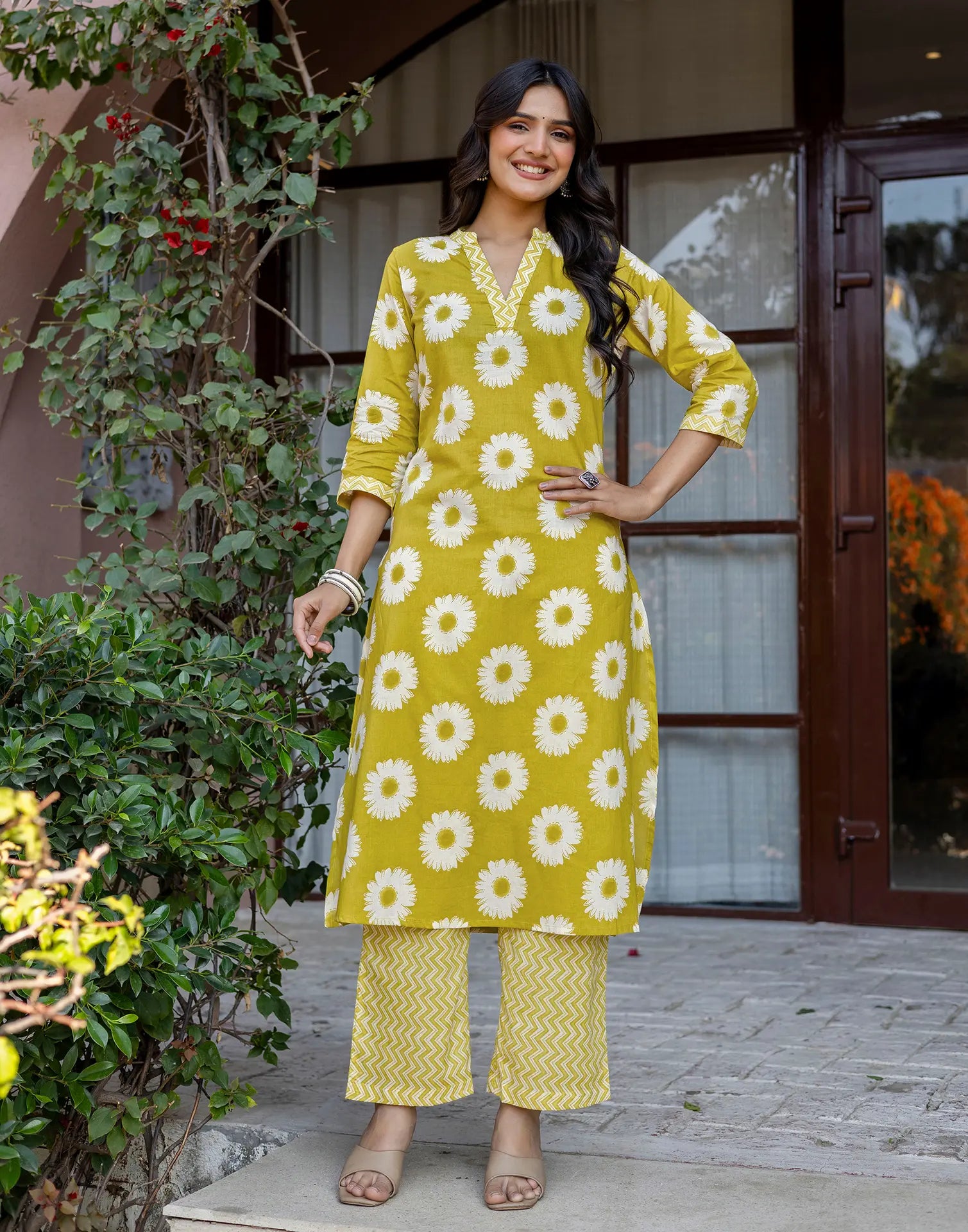 Citron Yellow Mandarin Collar V-Neck Printed Straight Ethnic Co-ord Set