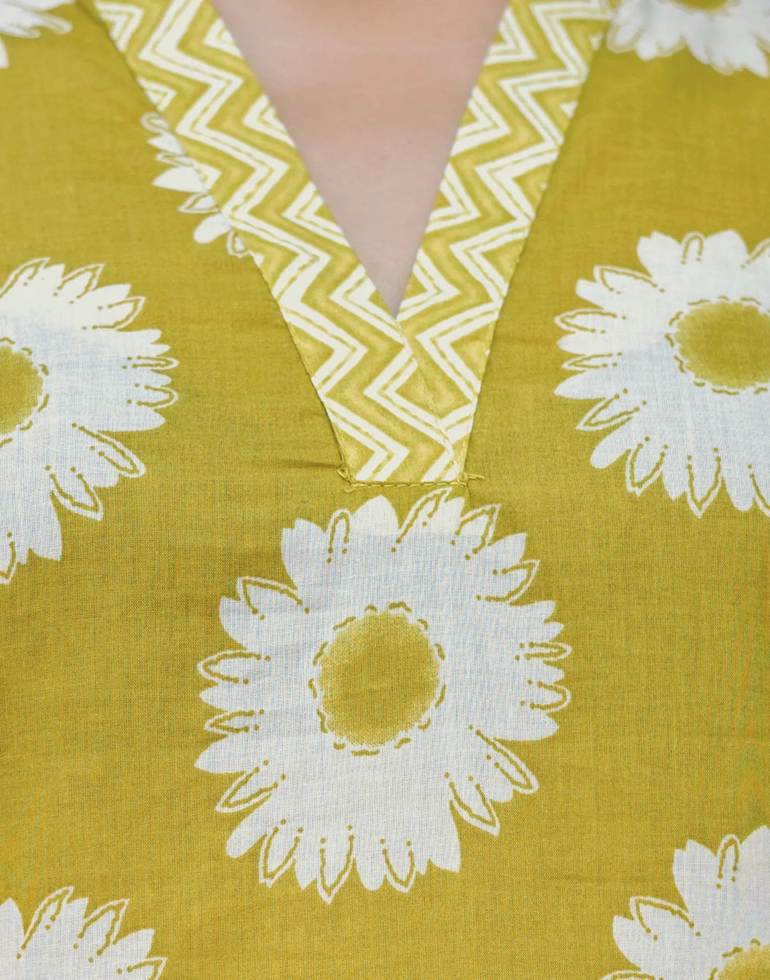 Citron Yellow Mandarin Collar V-Neck Printed Straight Ethnic Co-ord Set