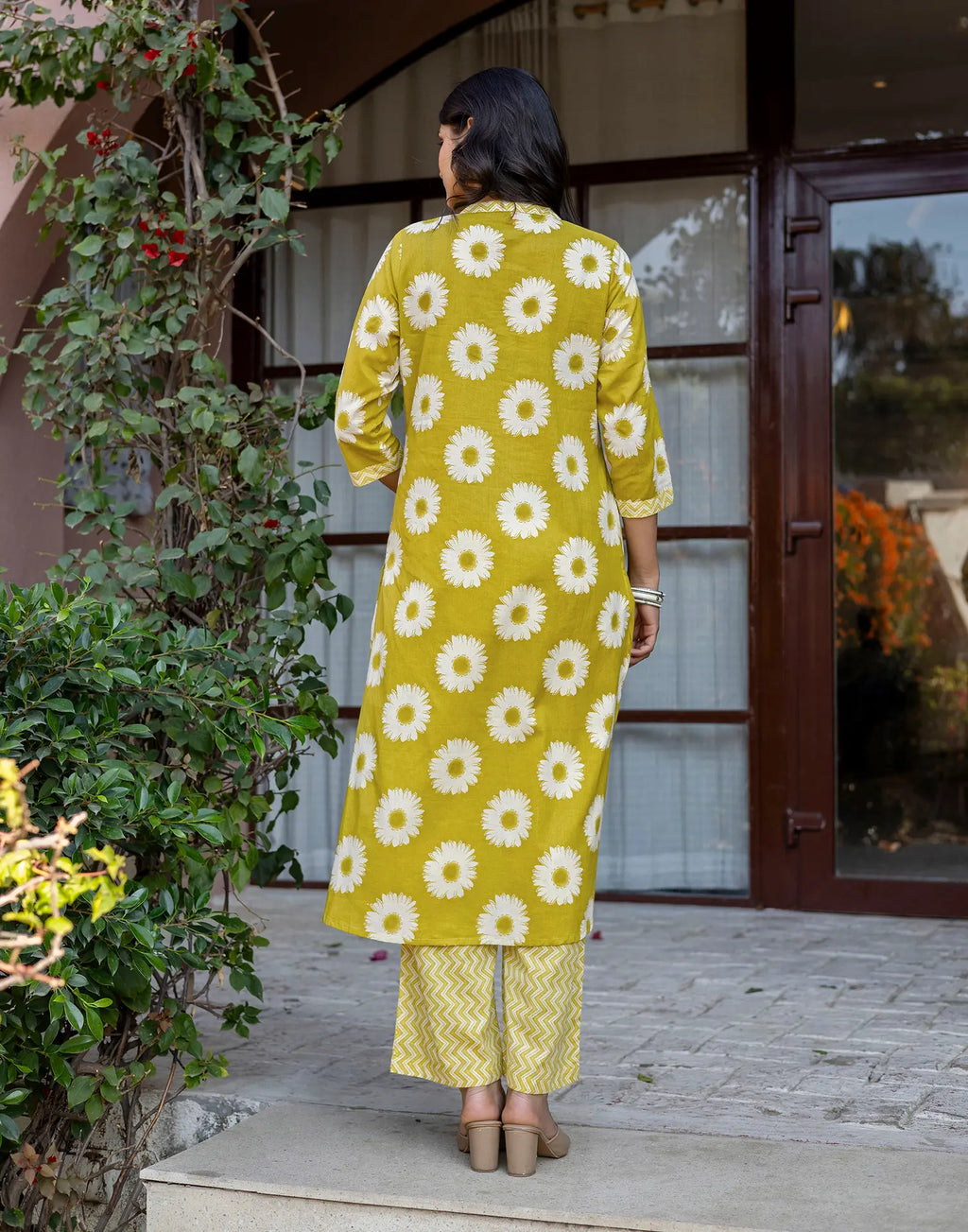 Citron Yellow Mandarin Collar V-Neck Printed Straight Ethnic Co-ord Set