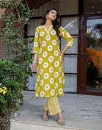 Citron Yellow Mandarin Collar V-Neck Printed Straight Ethnic Co-ord Set