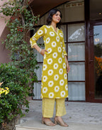 Citron Yellow Mandarin Collar V-Neck Printed Straight Ethnic Co-ord Set
