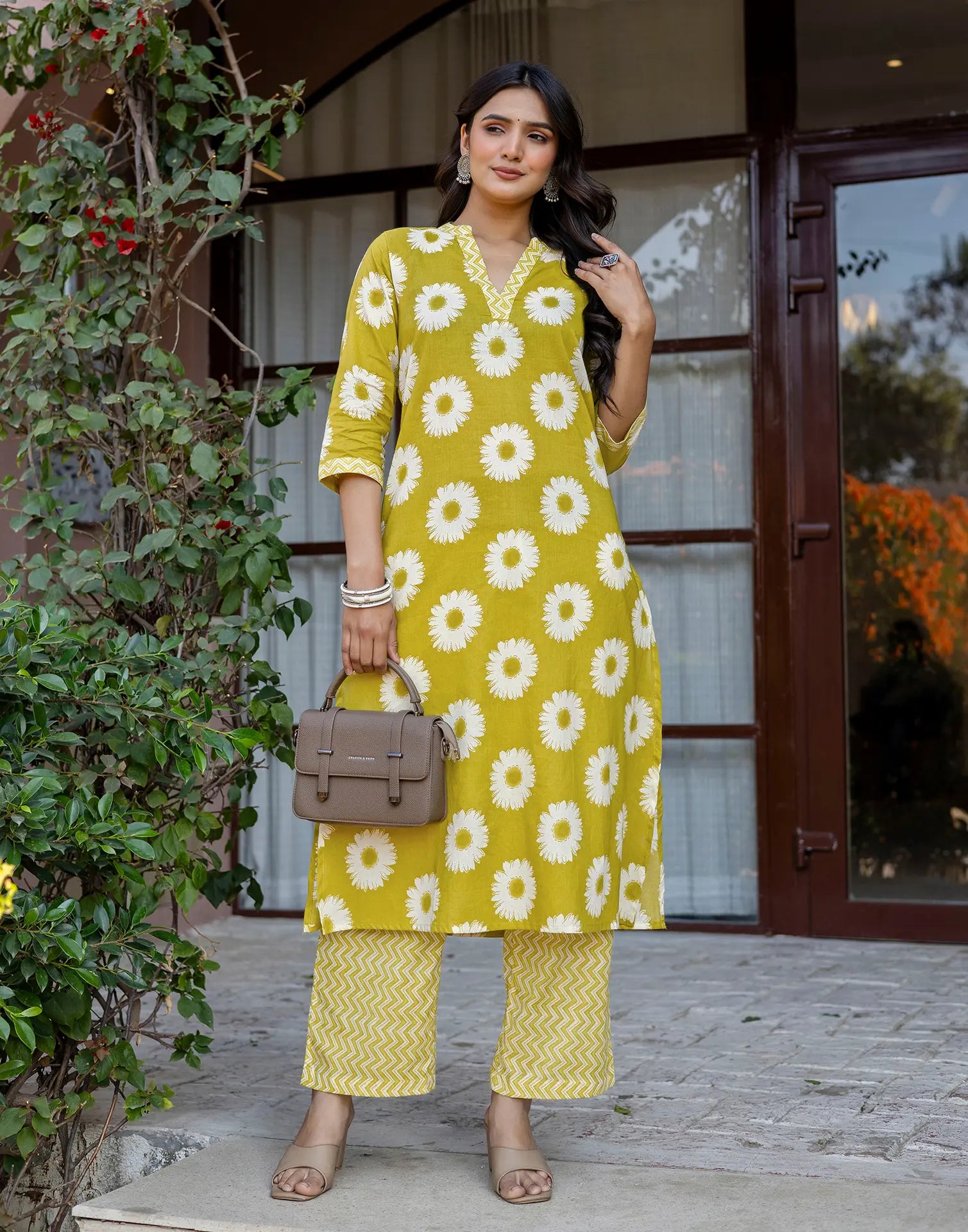 Citron Yellow Mandarin Collar V-Neck Printed Straight Ethnic Co-ord Set