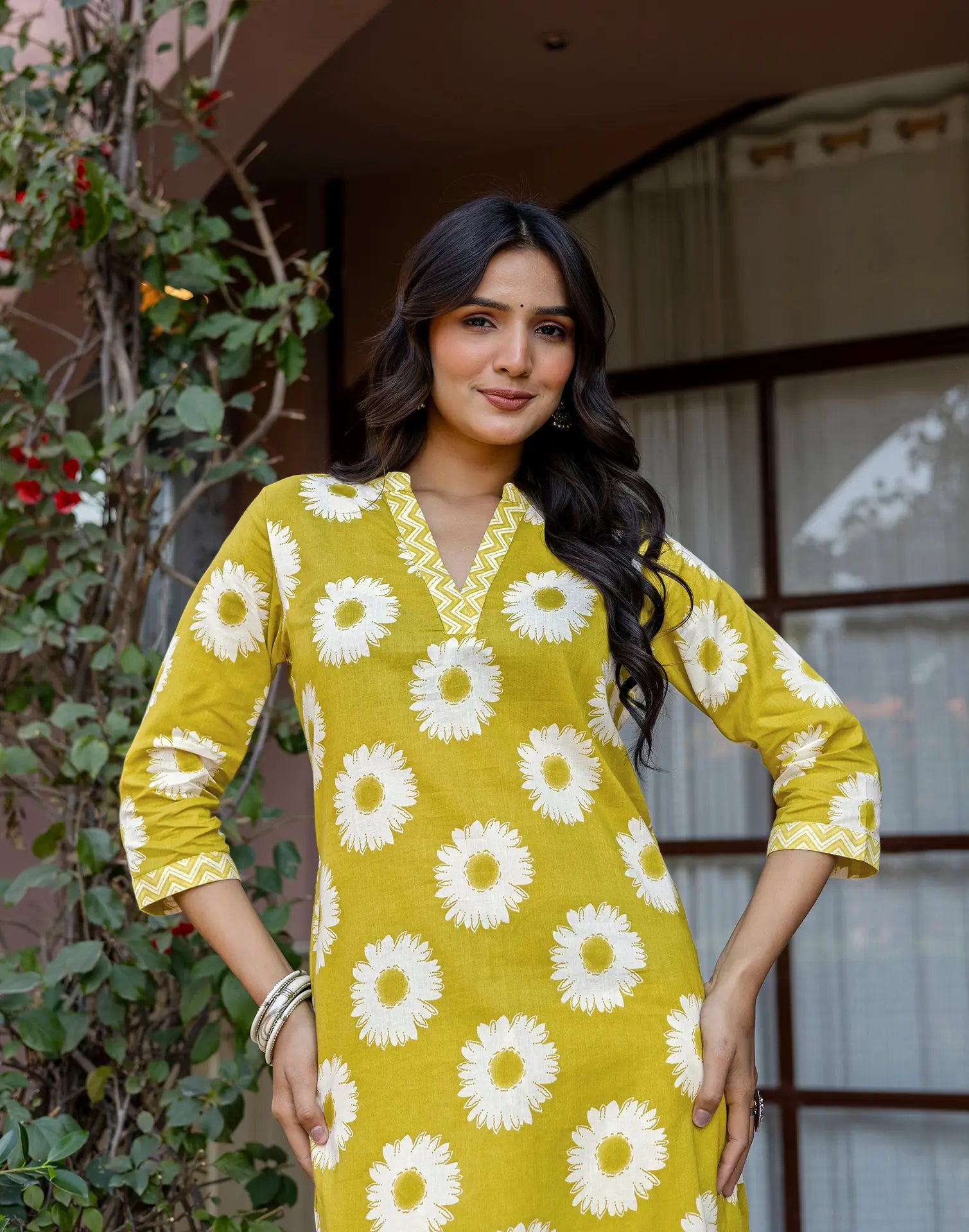 Citron Yellow Mandarin Collar V-Neck Printed Straight Ethnic Co-ord Set