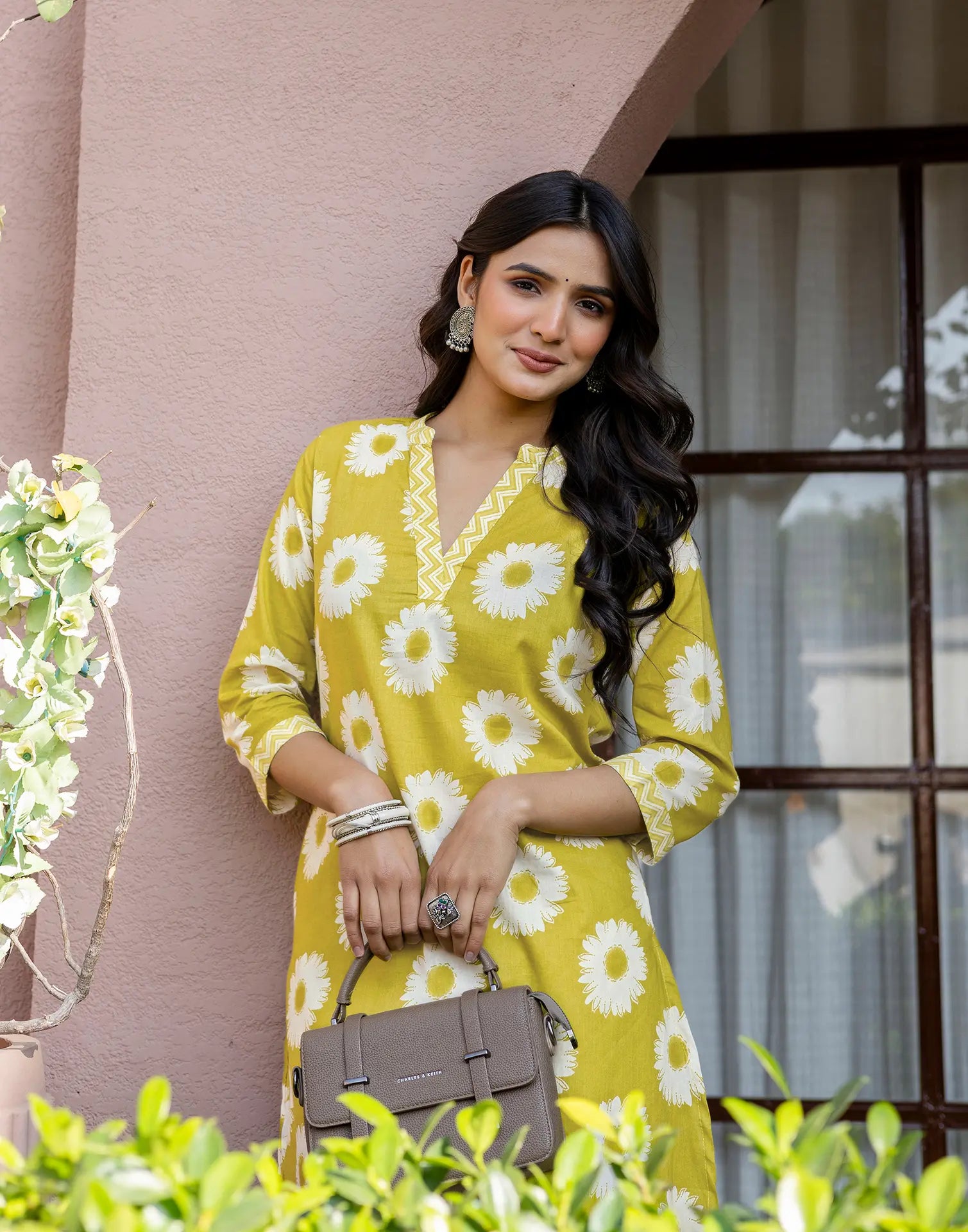 Citron Yellow Mandarin Collar V-Neck Printed Straight Ethnic Co-ord Set