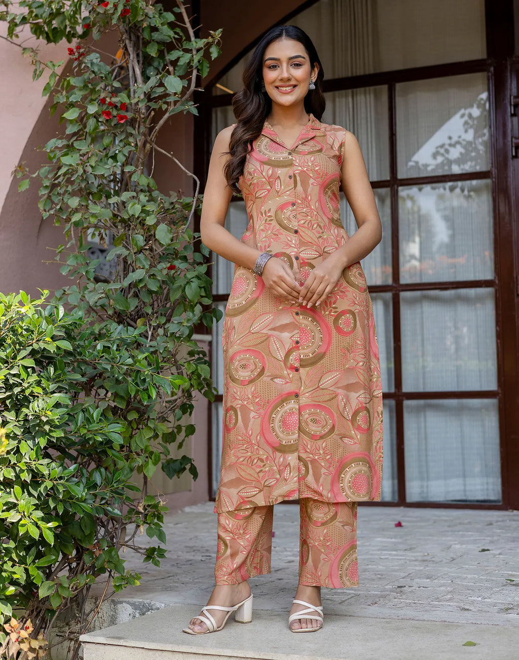 Blush Pink Collared Neck Printed Straight Ethnic Co-ord Set