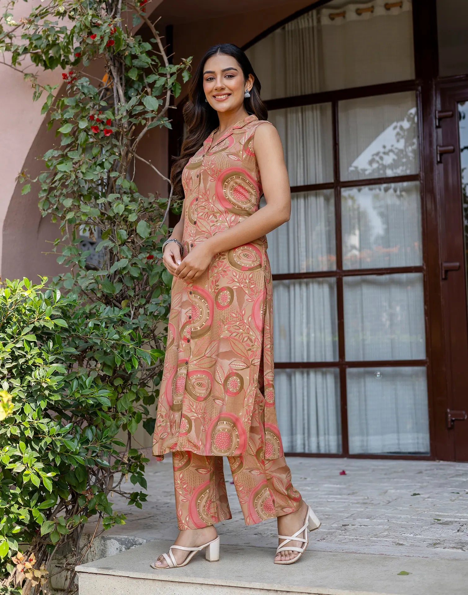 Blush Pink Collared Neck Printed Straight Ethnic Co-ord Set