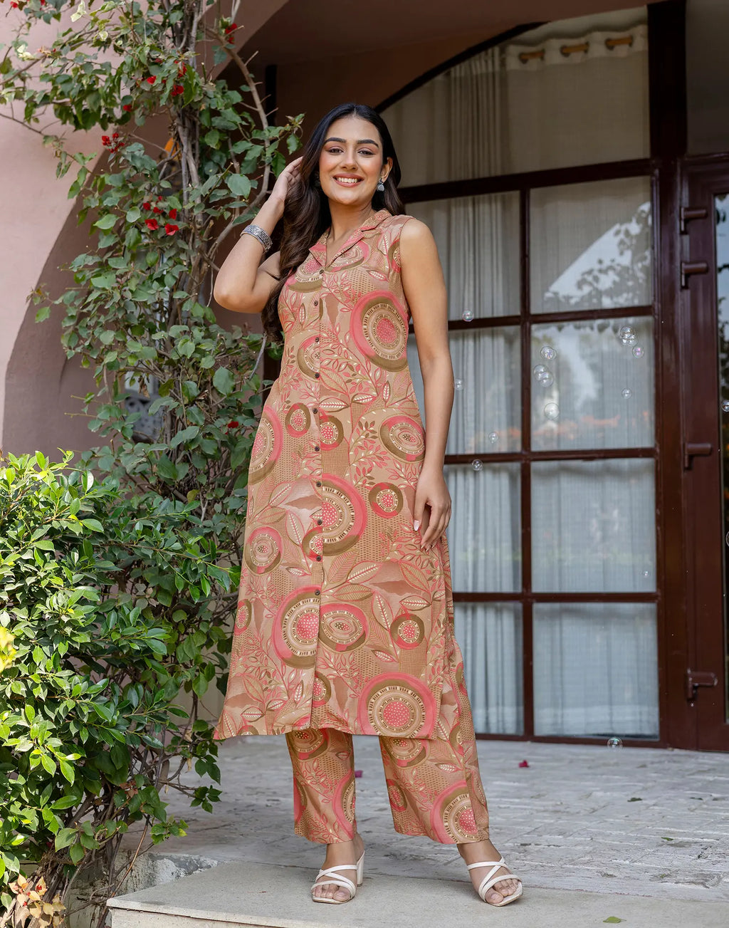 Blush Pink Collared Neck Printed Straight Ethnic Co-ord Set