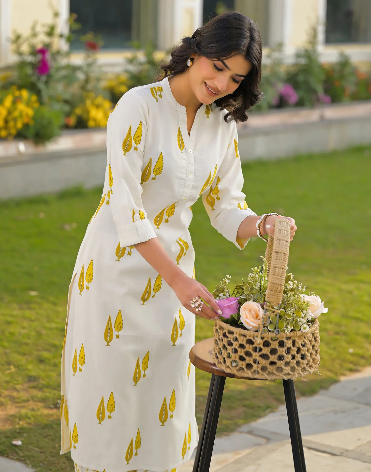 Skylee Cotton Printed Mandarin Collar Co-ord Set For Woman