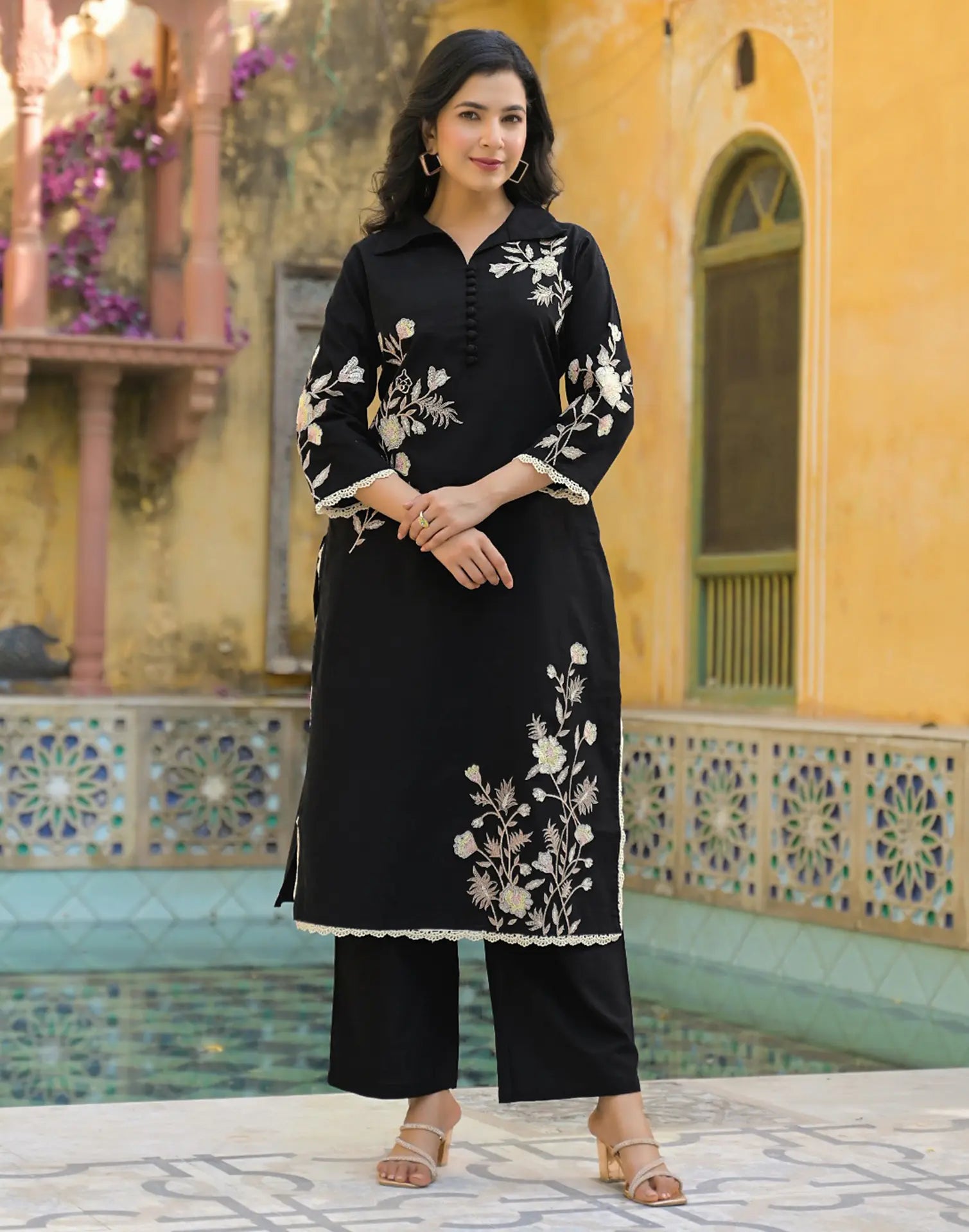 Skylee Cotton Embroidered Spread Neck Co-ord Set For Woman