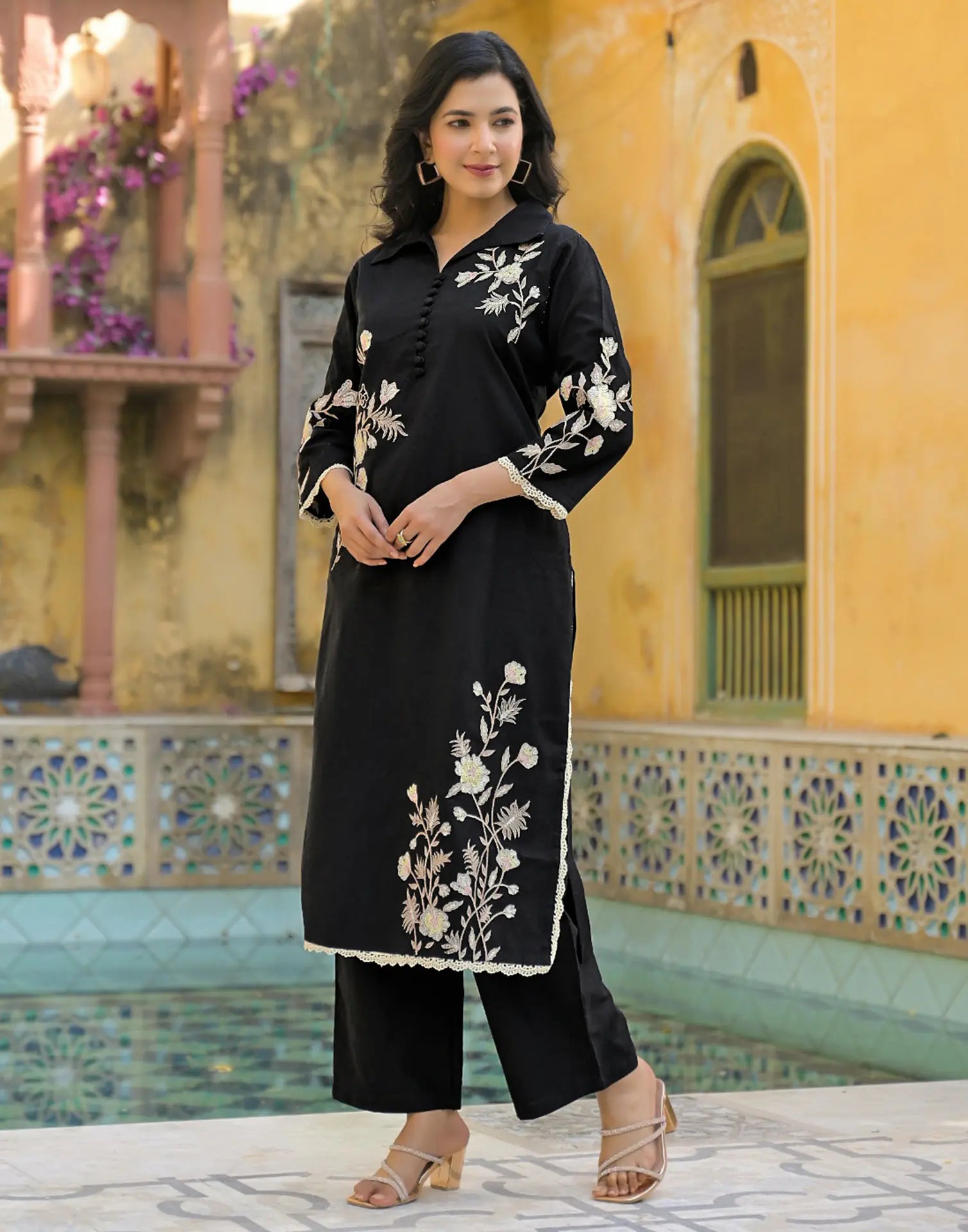 Skylee Cotton Embroidered Spread Neck Co-ord Set For Woman