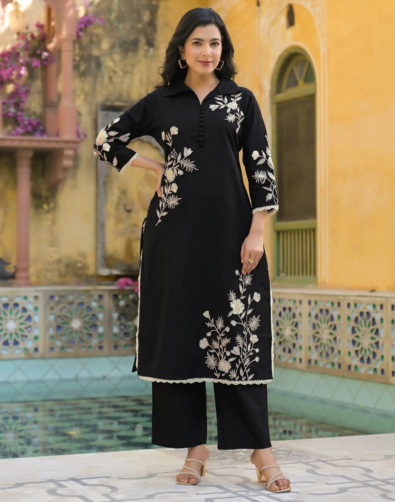Skylee Cotton Embroidered Spread Neck Co-ord Set For Woman
