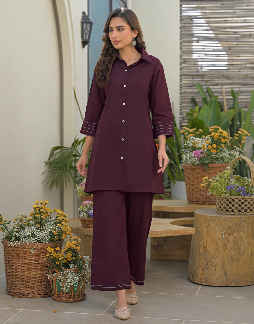 Wine Collared Neck Embroidered Straight Ethnic Co-ord Set