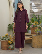 Wine Collared Neck Embroidered Straight Ethnic Co-ord Set