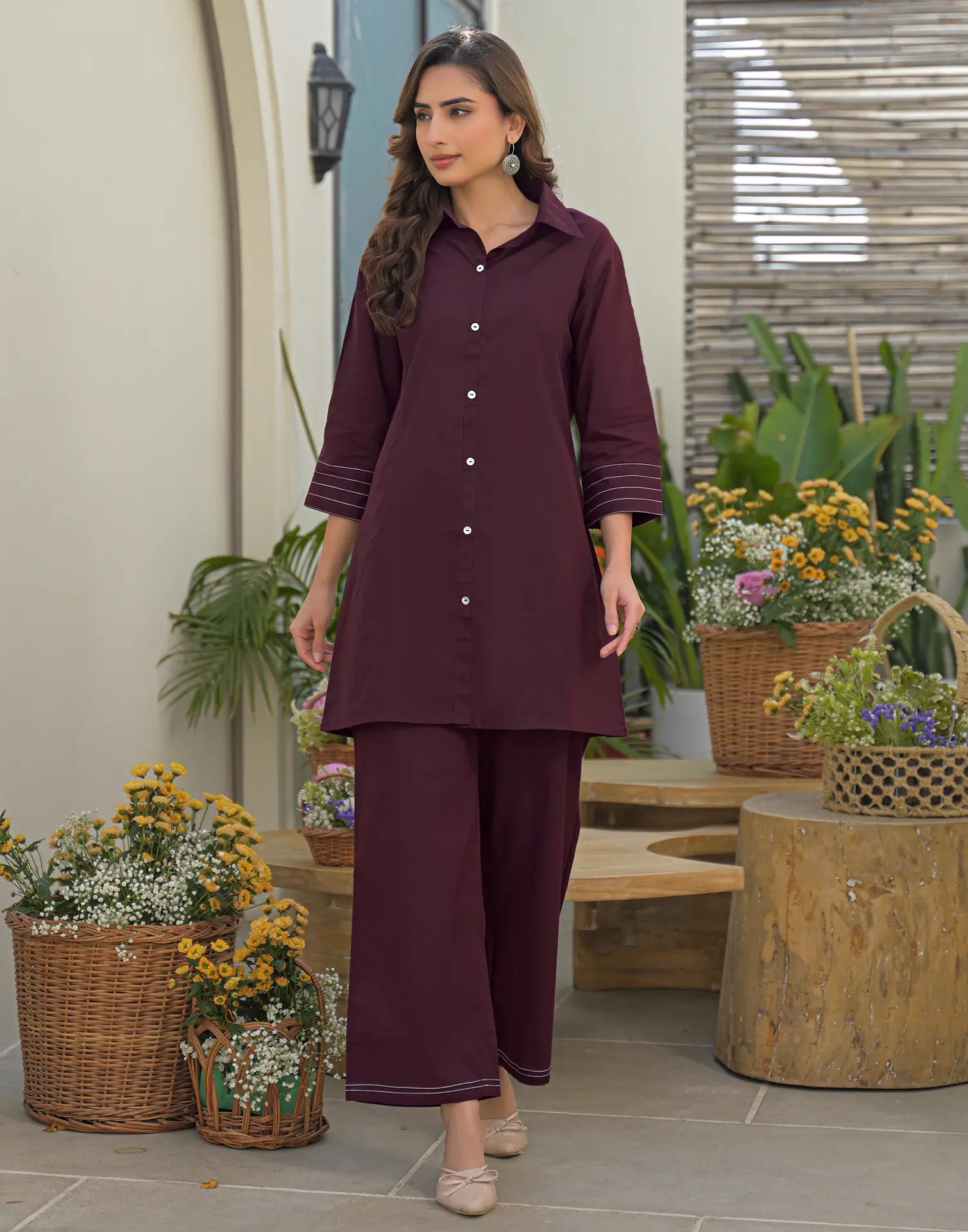 Wine Collared Neck Embroidered Straight Ethnic Co-ord Set