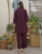 Wine Collared Neck Embroidered Straight Ethnic Co-ord Set