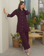 Wine Collared Neck Embroidered Straight Ethnic Co-ord Set