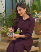 Wine Collared Neck Embroidered Straight Ethnic Co-ord Set