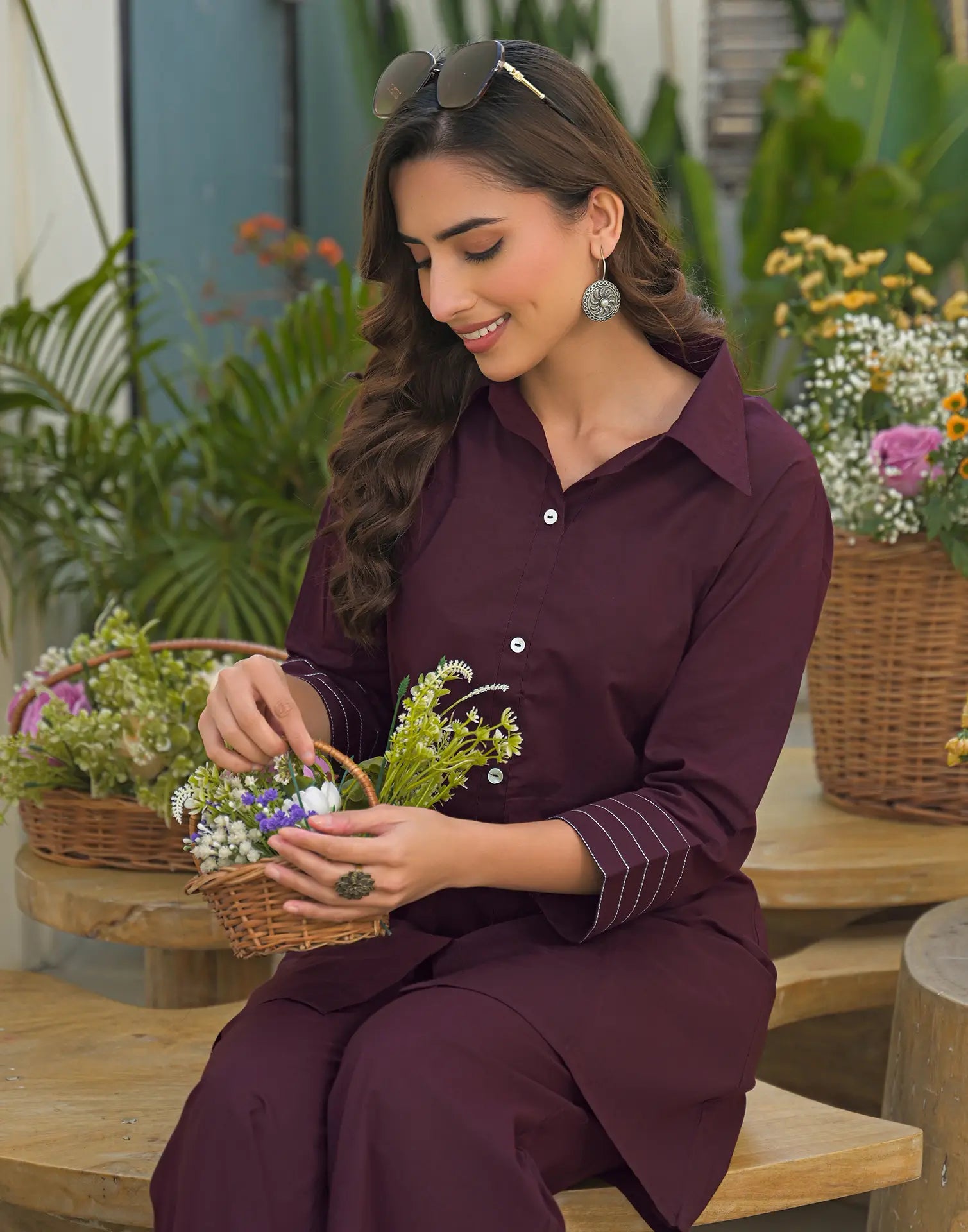 Wine Collared Neck Embroidered Straight Ethnic Co-ord Set