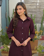 Wine Collared Neck Embroidered Straight Ethnic Co-ord Set
