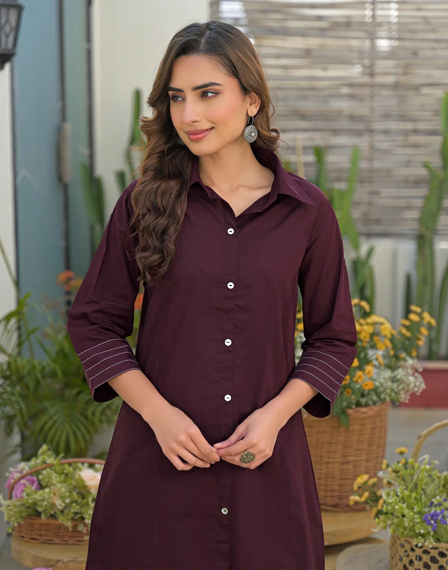 Wine Collared Neck Embroidered Straight Ethnic Co-ord Set
