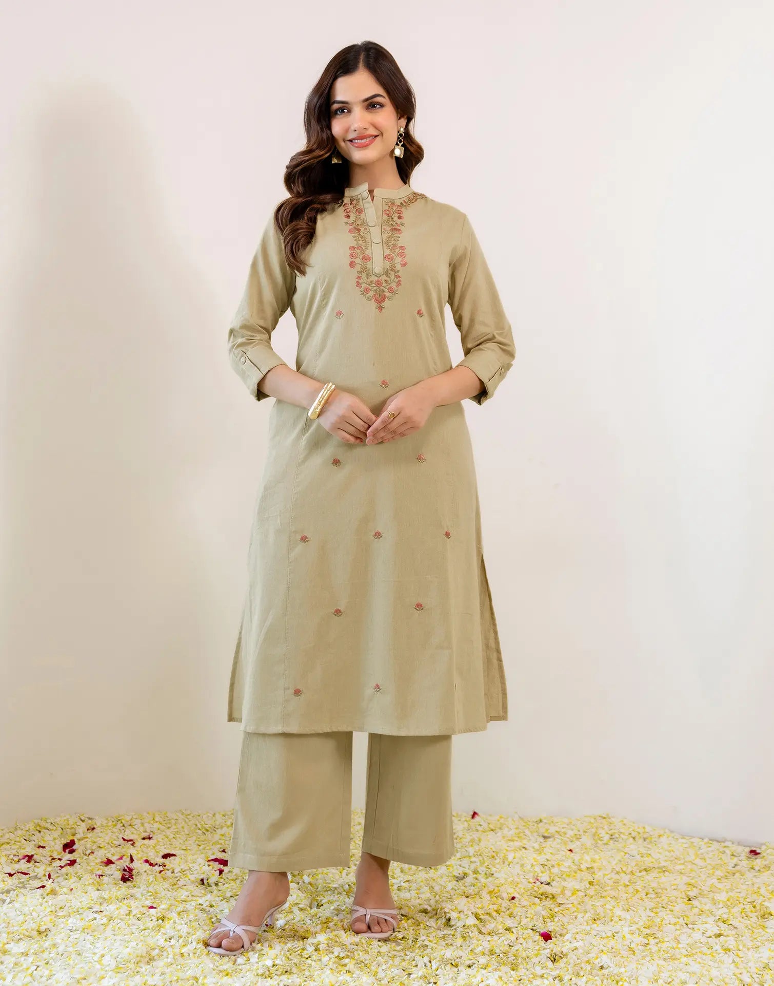 Skylee Viscose Embroidered Mandarin Collar Co-ord Set For Woman