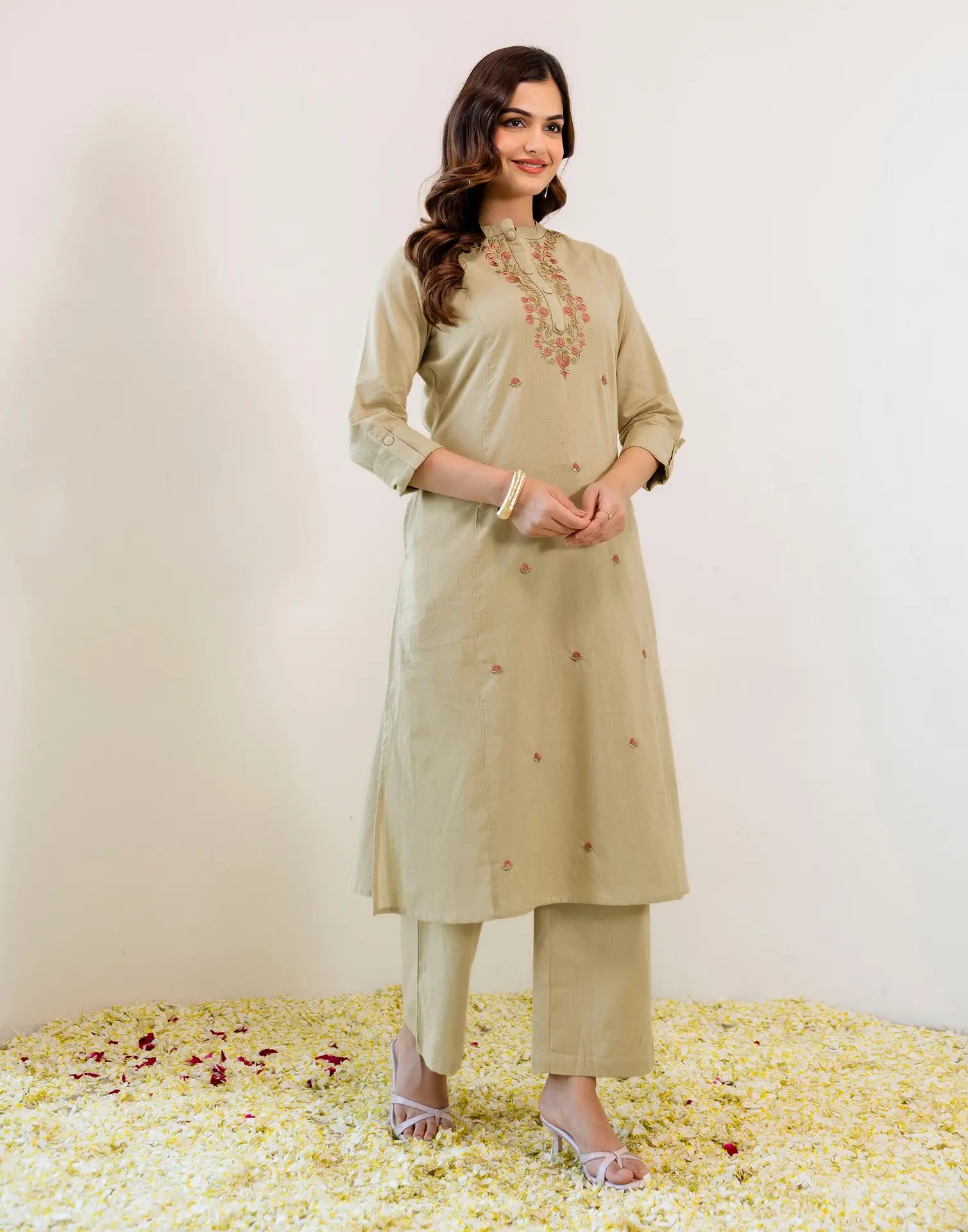 Skylee Viscose Embroidered Mandarin Collar Co-ord Set For Woman