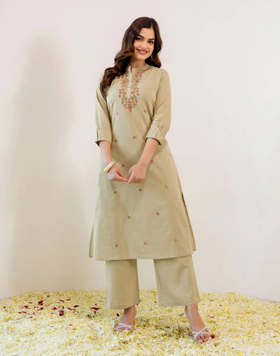Sage Beige Mandarin Collar Floral Thread Embroidery A-Line Co-ords