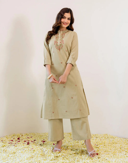 Sage Beige Mandarin Collar Floral Thread Embroidery A-Line Co-ords